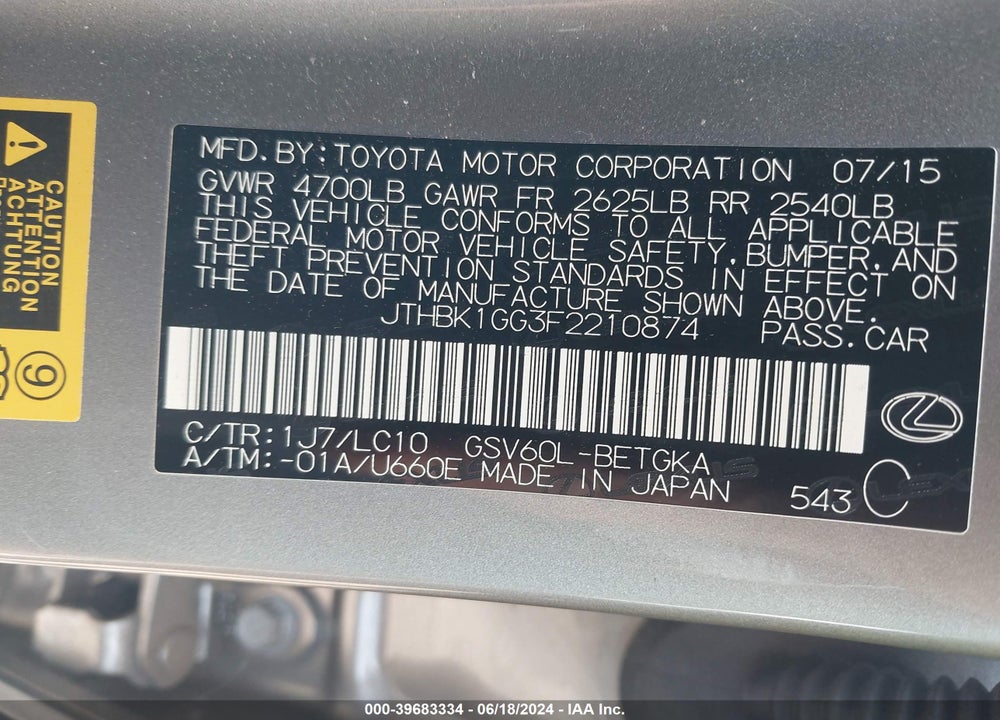 2015 LEXUS ES 350 VIN: JTHBK1GG3F2210874