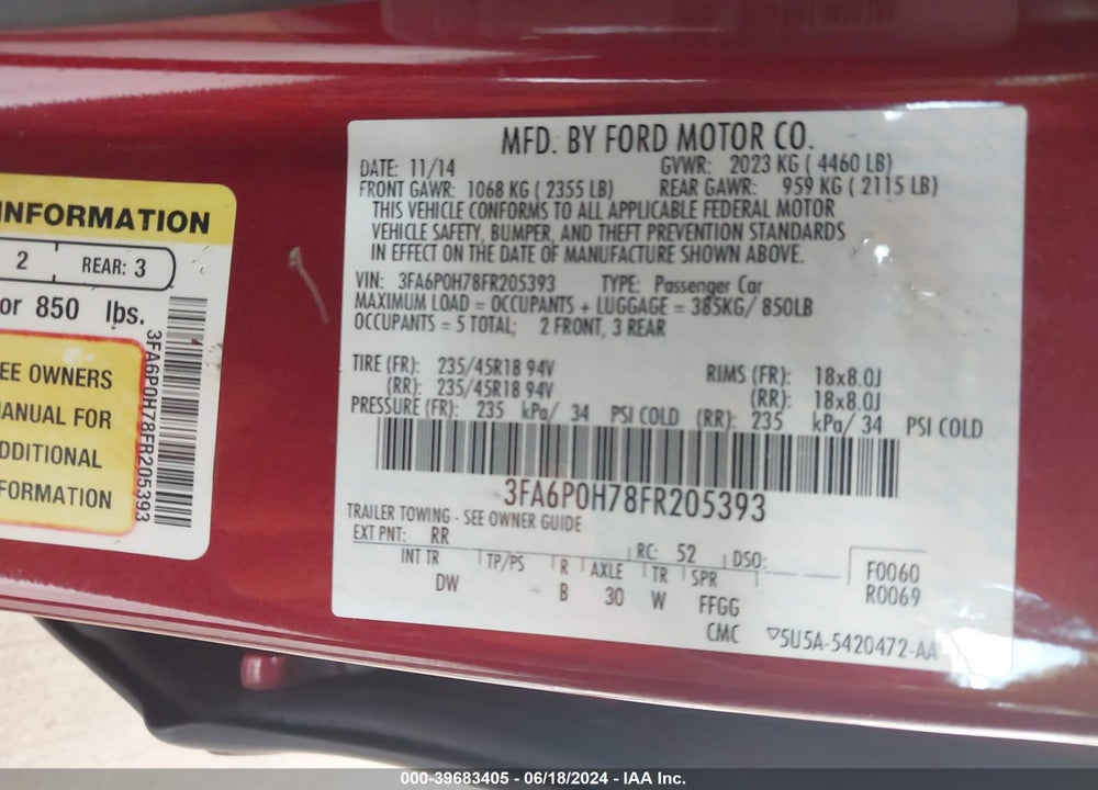 2015 FORD FUSION SE VIN: 3FA6P0H78FR205393