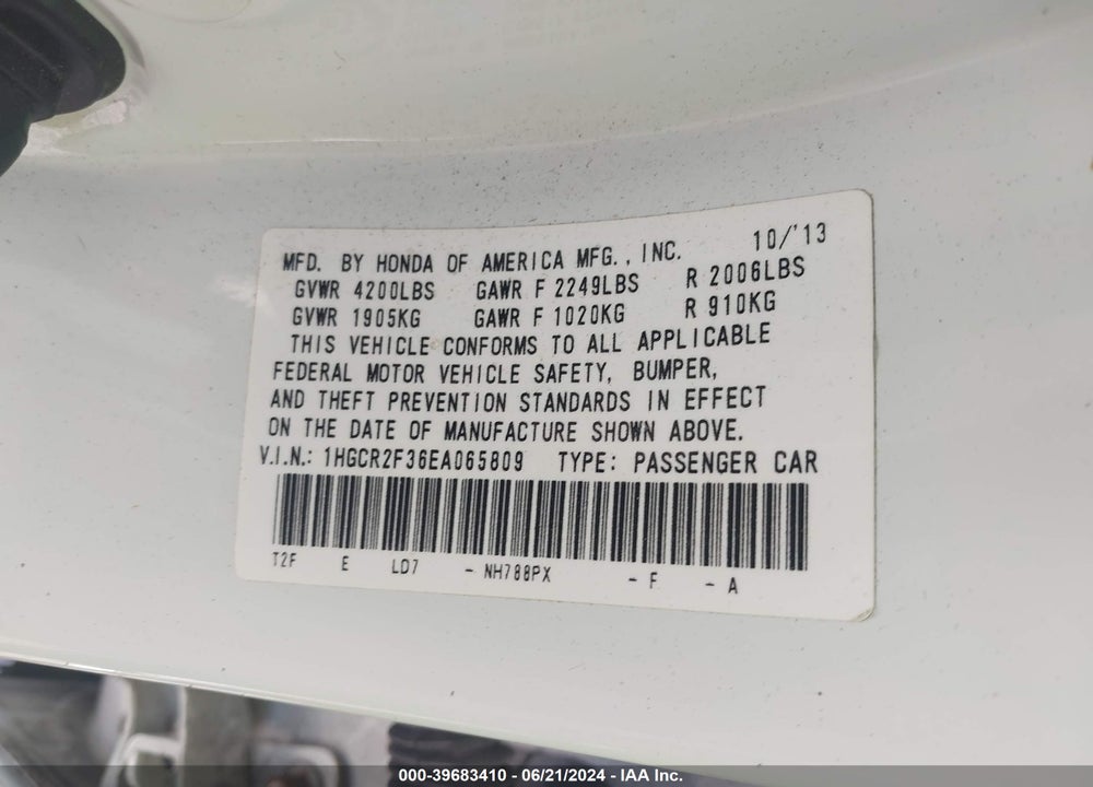 2014 HONDA ACCORD LX VIN: 1HGCR2F36EA065809