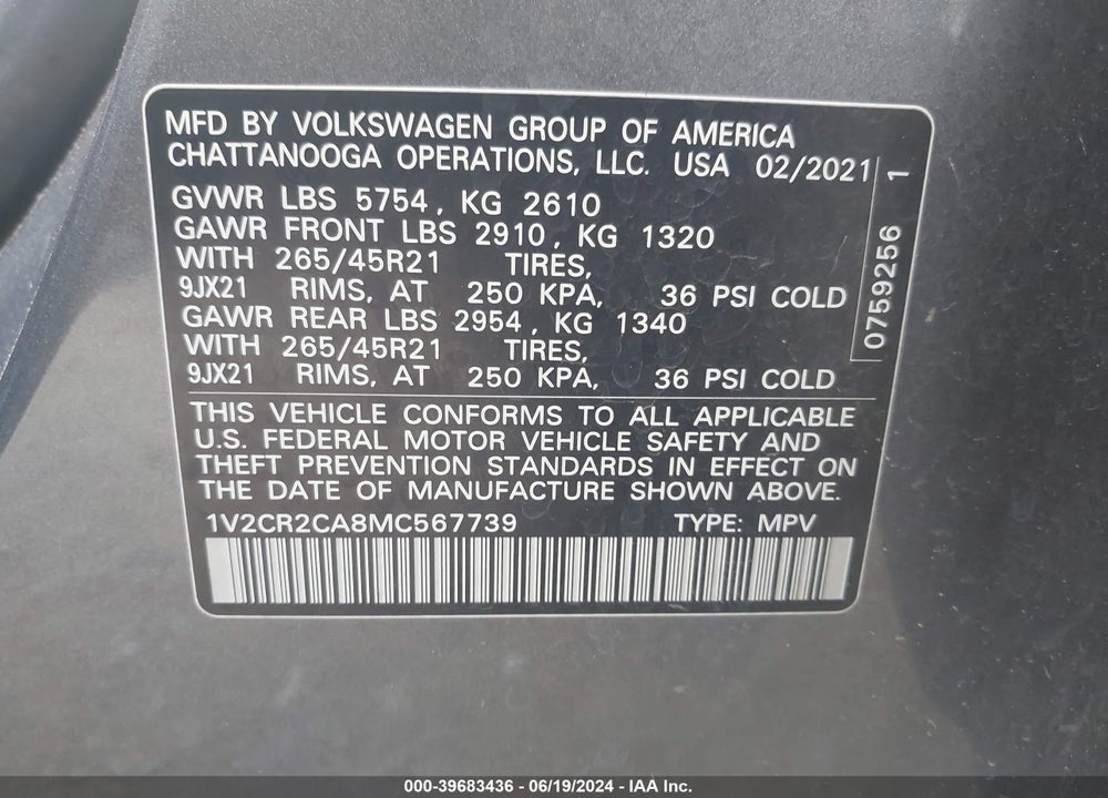 2021 VOLKSWAGEN ATLAS 3.6L V6 SEL R-LINE VIN: 1V2CR2CA8MC567739