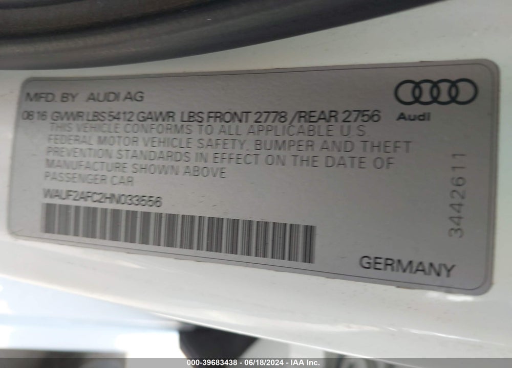 2017 AUDI A6 3.0T PREMIUM PLUS VIN: WAUF2AFC2HN033556