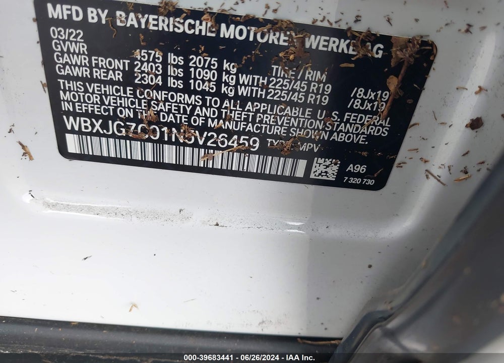 2022 BMW X1 SDRIVE28I VIN: WBXJG7C01N5V26459