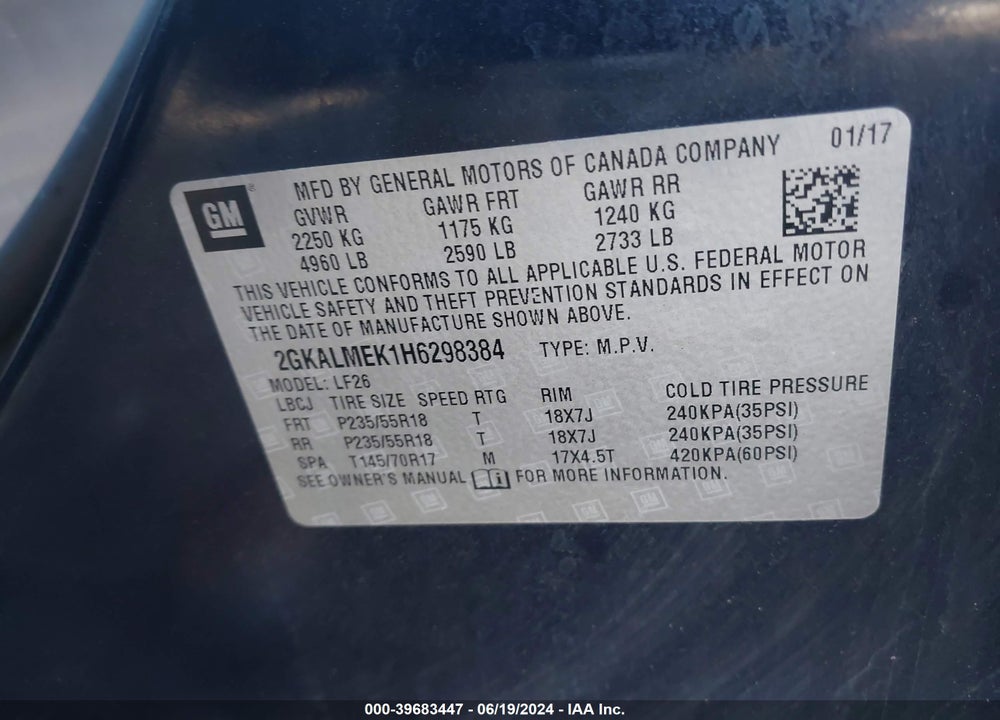 2017 GMC TERRAIN SLE-1 VIN: 2GKALMEK1H6298384