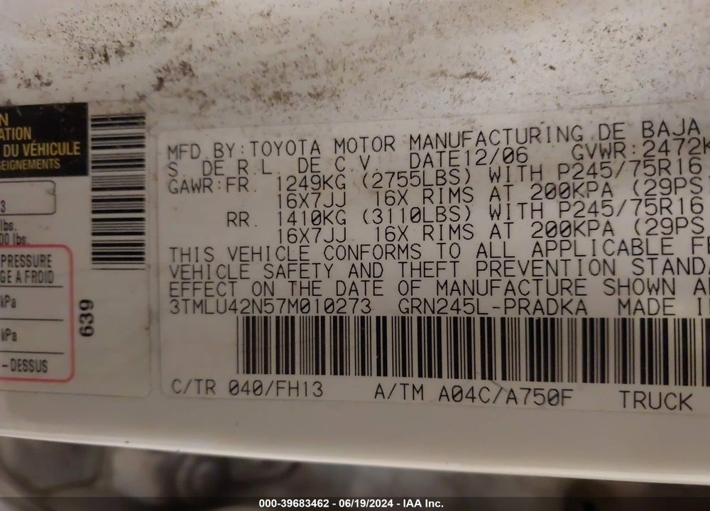 2007 TOYOTA TACOMA BASE V6 VIN: 3TMLU42N57M010273