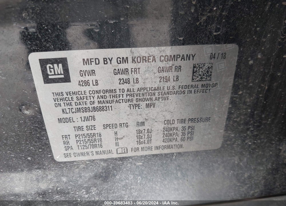2018 CHEVROLET TRAX PREMIER VIN: KL7CJMSB9JB688311