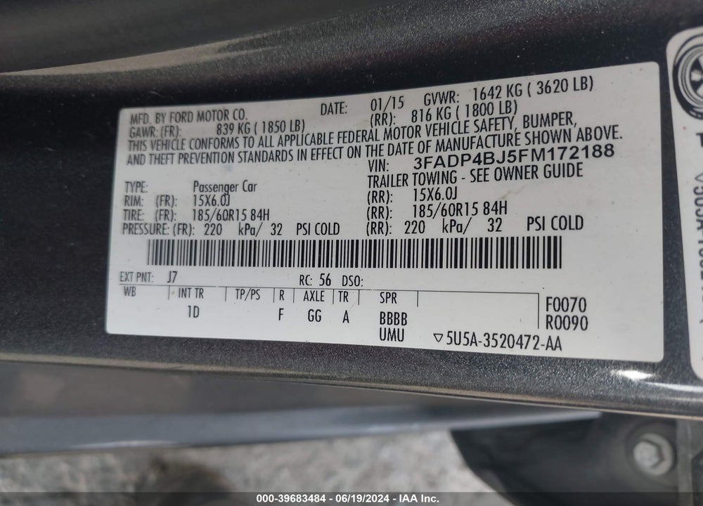 2015 FORD FIESTA SE VIN: 3FADP4BJ5FM172188
