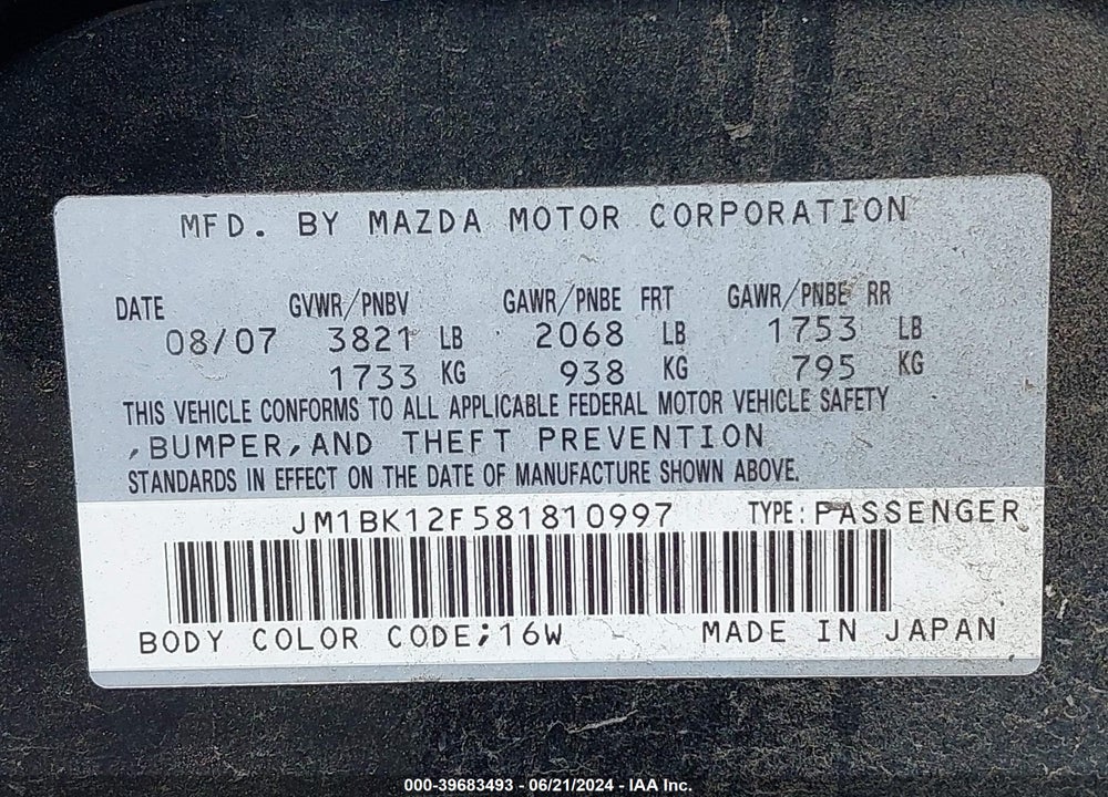 2008 MAZDA 3 I VIN: JM1BK12F581810997