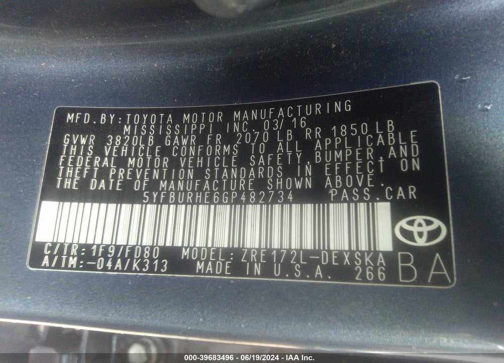 2016 TOYOTA COROLLA S PLUS VIN: 5YFBURHE6GP482734