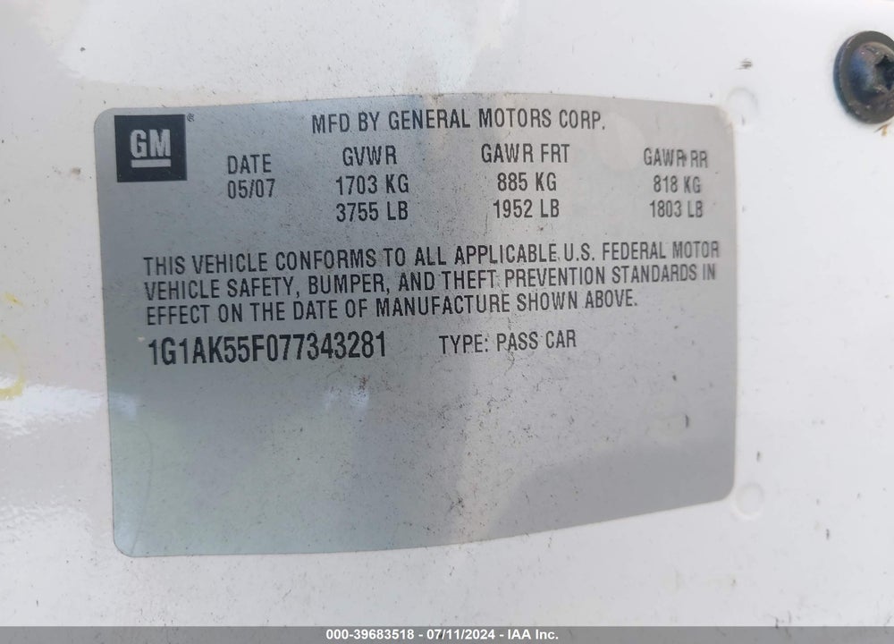 2007 CHEVROLET COBALT LS VIN: 1G1AK55F077343281