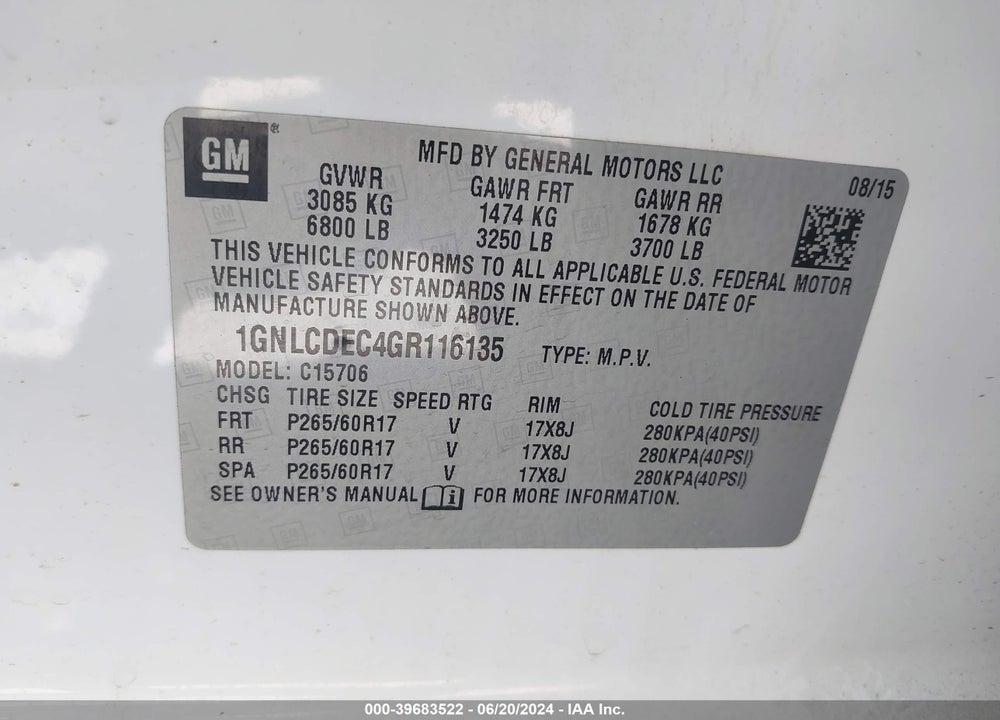 2016 CHEVROLET TAHOE COMMERCIAL FLEET VIN: 1GNLCDEC4GR116135