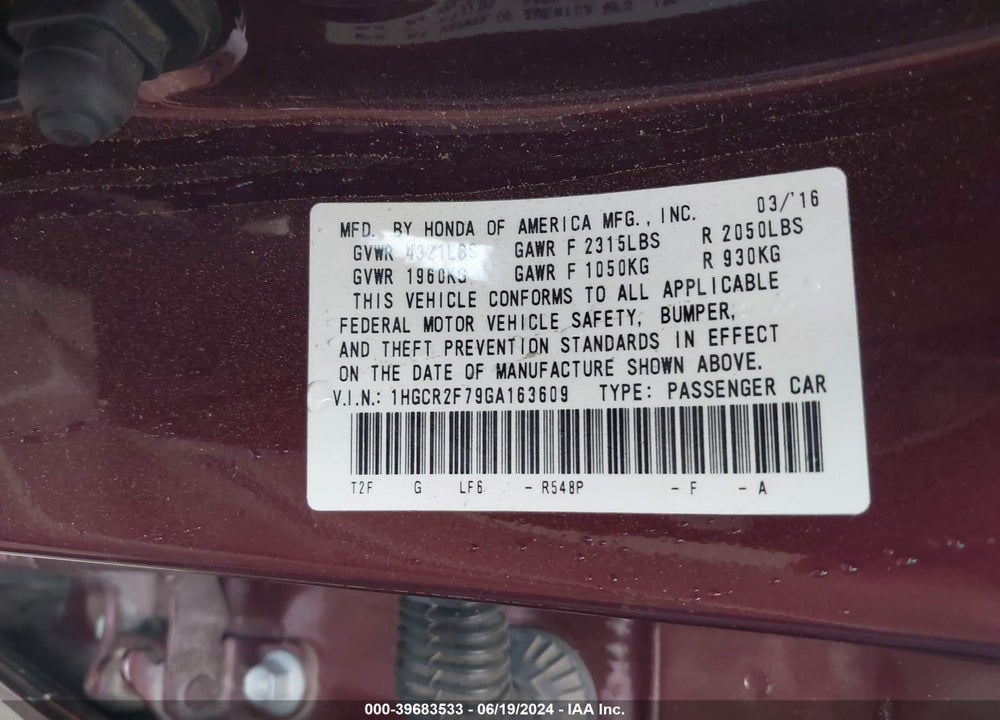 2016 HONDA ACCORD EX VIN: 1HGCR2F79GA163609