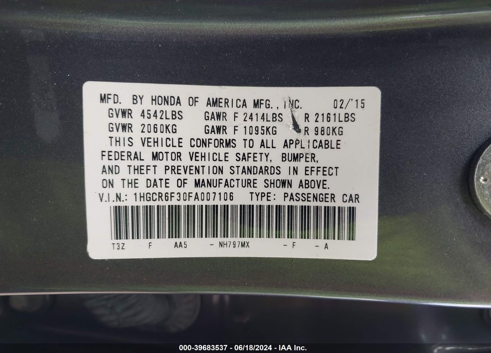 2015 HONDA ACCORD HYBRID VIN: 1HGCR6F30FA007106