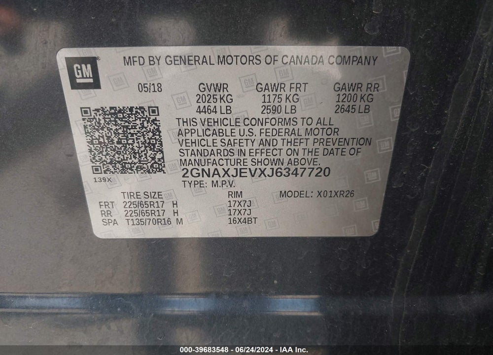 2018 CHEVROLET EQUINOX LT VIN: 2GNAXJEVXJ6347720