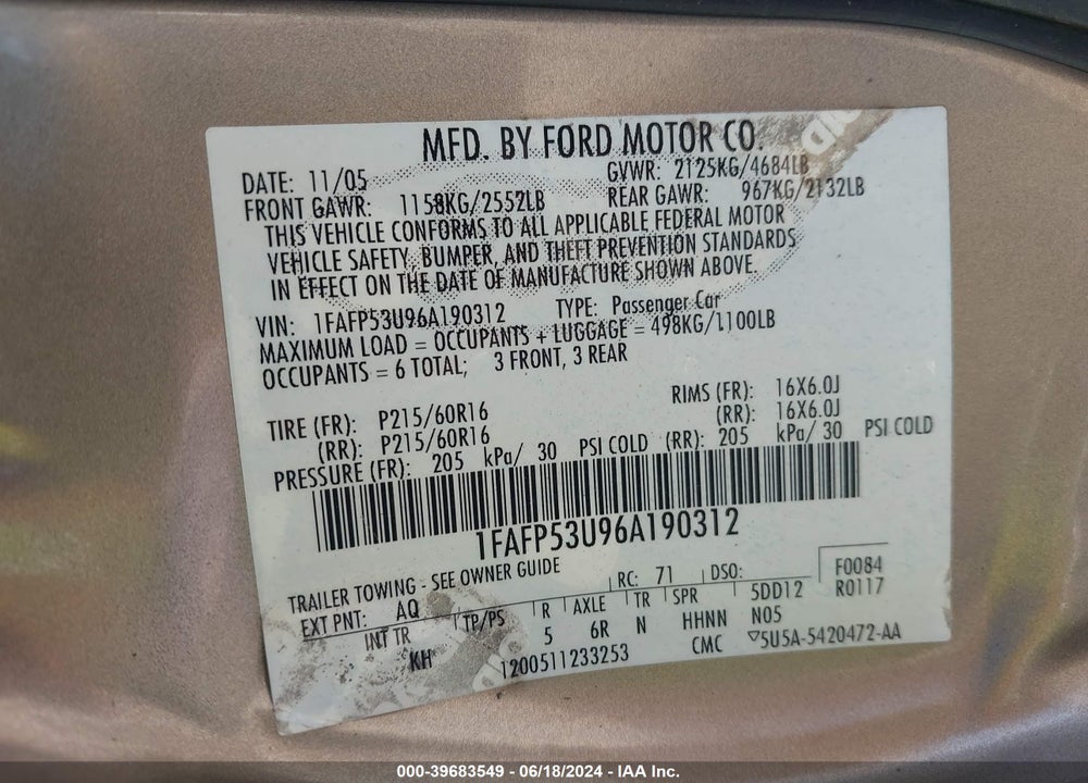 2006 FORD TAURUS SE VIN: 1FAFP53U96A190312