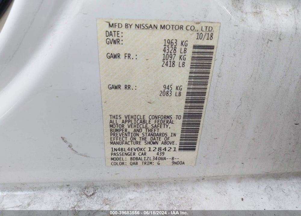 2019 NISSAN ALTIMA 2.5 SL VIN: 1N4BL4EV0KC128421