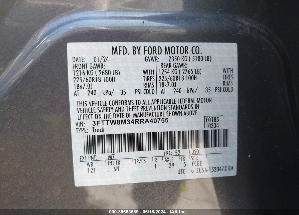 2024 FORD MAVERICK LARIAT VIN: 3FTTW8M34RRA40755