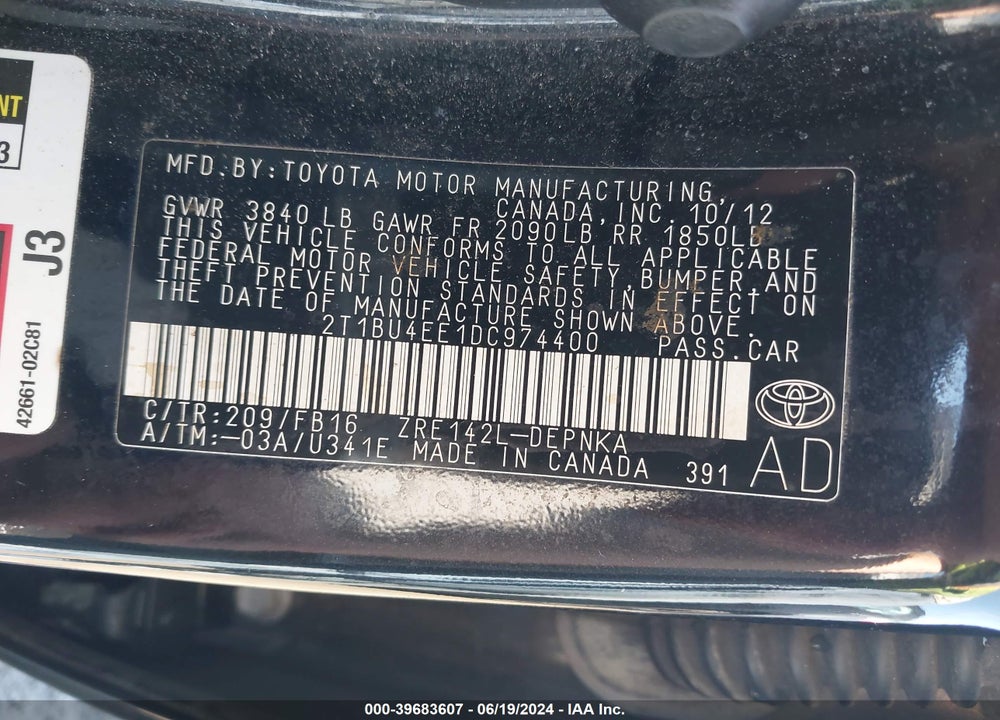2013 TOYOTA COROLLA LE VIN: 2T1BU4EE1DC974400