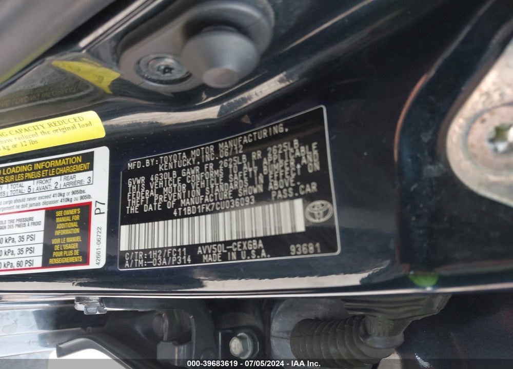 2012 TOYOTA CAMRY HYBRID XLE VIN: 4T1BD1FK7CU036093