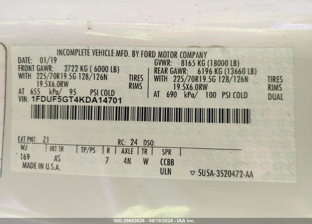 2019 FORD F-550 CHASSIS XL VIN: 1FDUF5GT4KDA14701