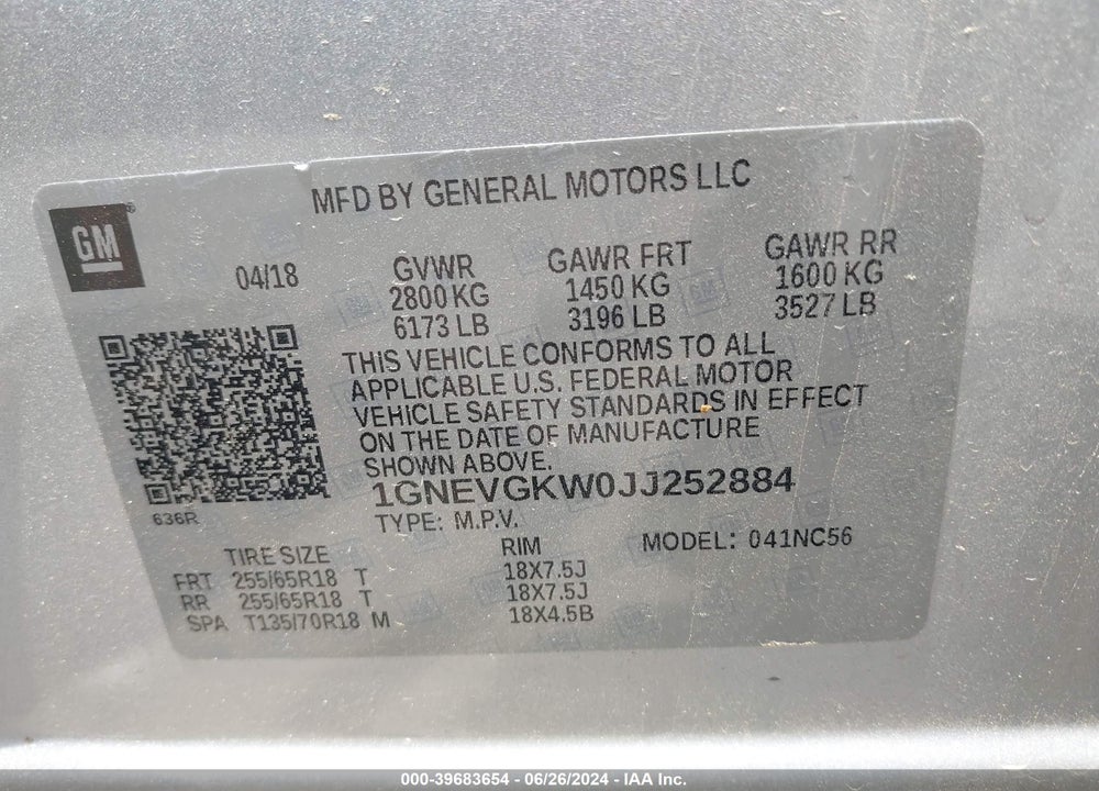 2018 CHEVROLET TRAVERSE 1LT VIN: 1GNEVGKW0JJ252884