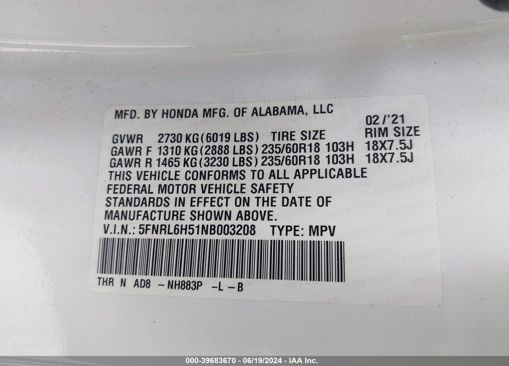 2022 HONDA ODYSSEY EX VIN: 5FNRL6H51NB003208