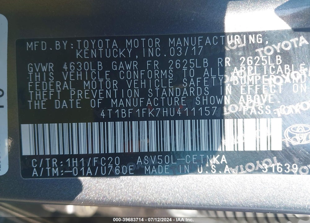 2017 TOYOTA CAMRY LE VIN: 4T1BF1FK7HU411157