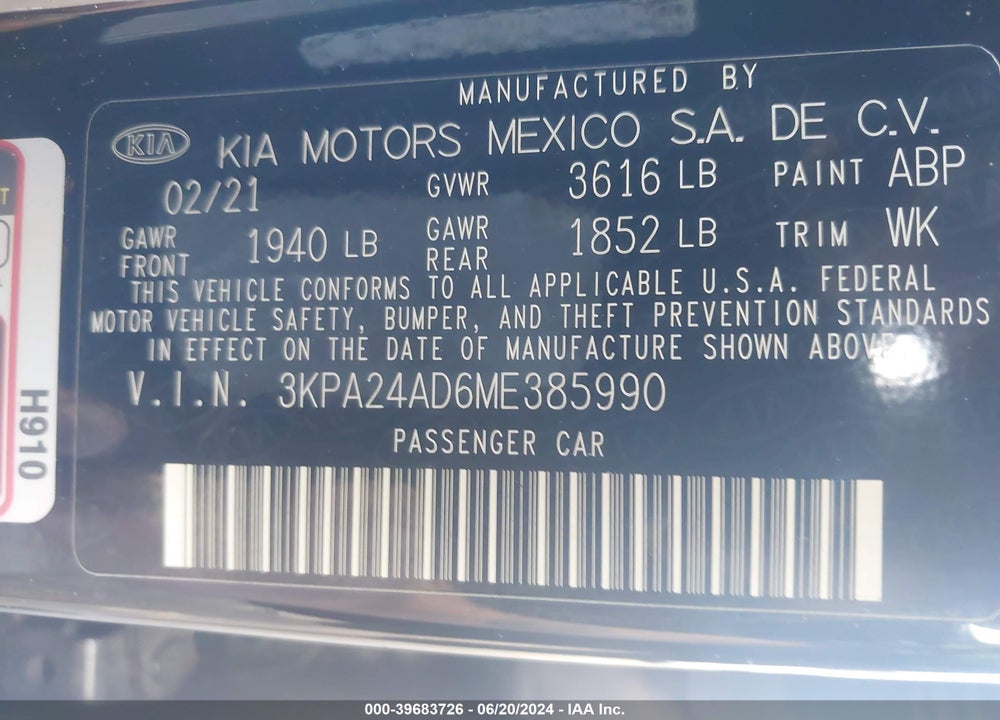2021 KIA RIO S VIN: 3KPA24AD6ME385990
