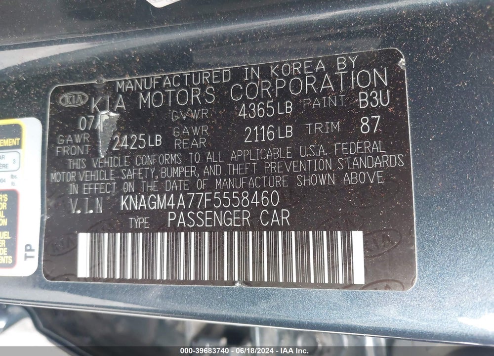 2015 KIA OPTIMA LX VIN: KNAGM4A77F5558460