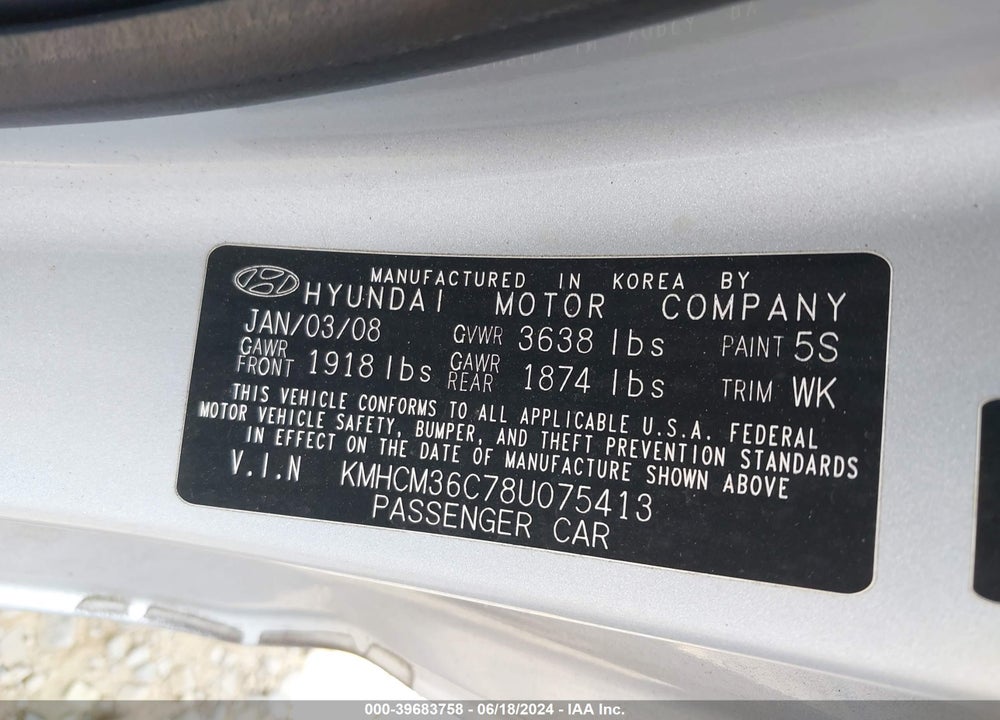2008 HYUNDAI ACCENT GS VIN: KMHCM36C78U075413