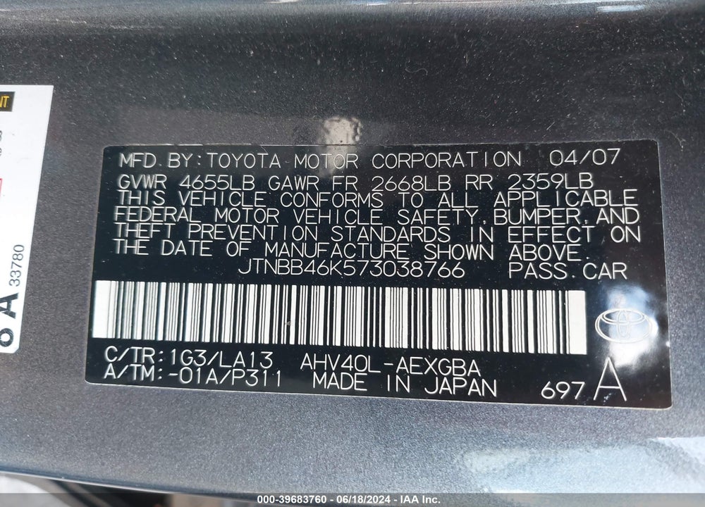 2007 TOYOTA CAMRY VIN: JTNBB46K573038766