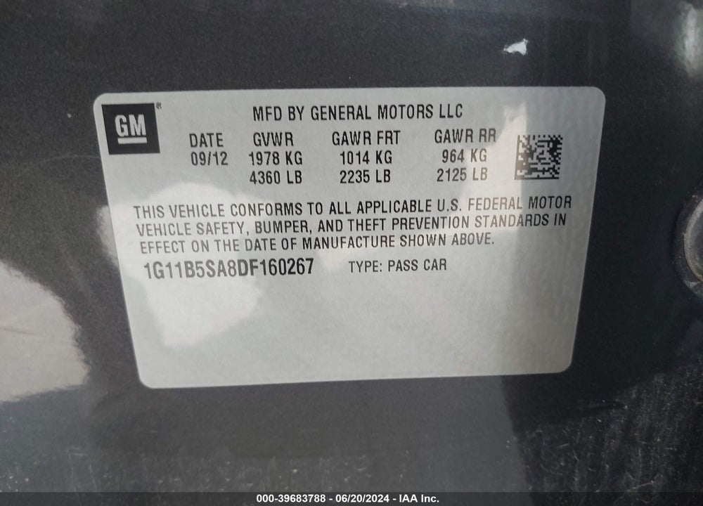 2013 CHEVROLET MALIBU 1LS VIN: 1G11B5SA8DF160267