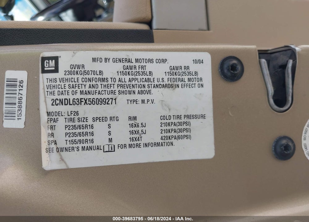 2005 CHEVROLET EQUINOX LT VIN: 2CNDL63FX56099271