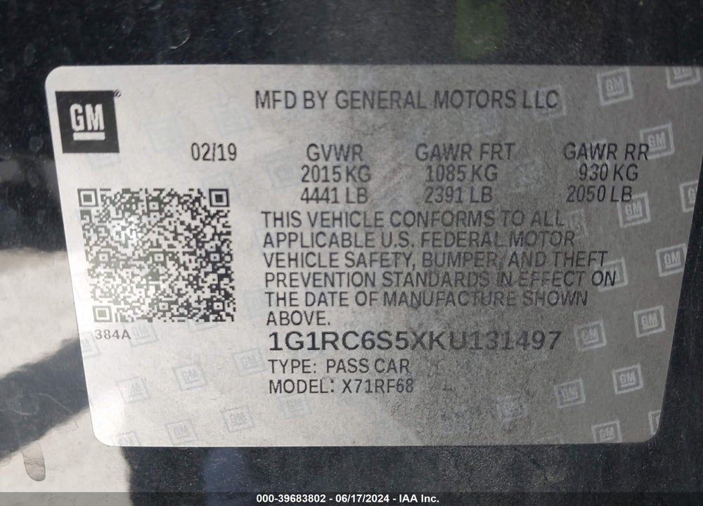 2019 CHEVROLET VOLT LT VIN: 1G1RC6S5XKU131497