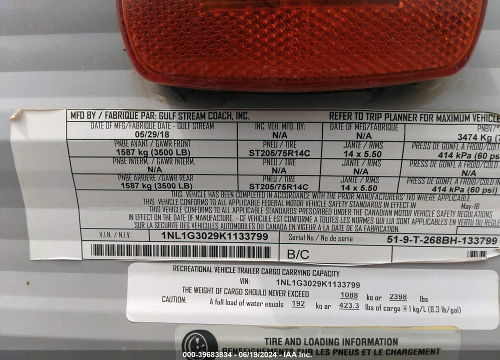 2019 GULFSTREAM AMERILITE VIN: 1NL1G3029K1133799