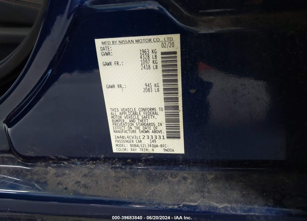 2020 NISSAN ALTIMA SR FWD VIN: 1N4BL4CV3LC233331