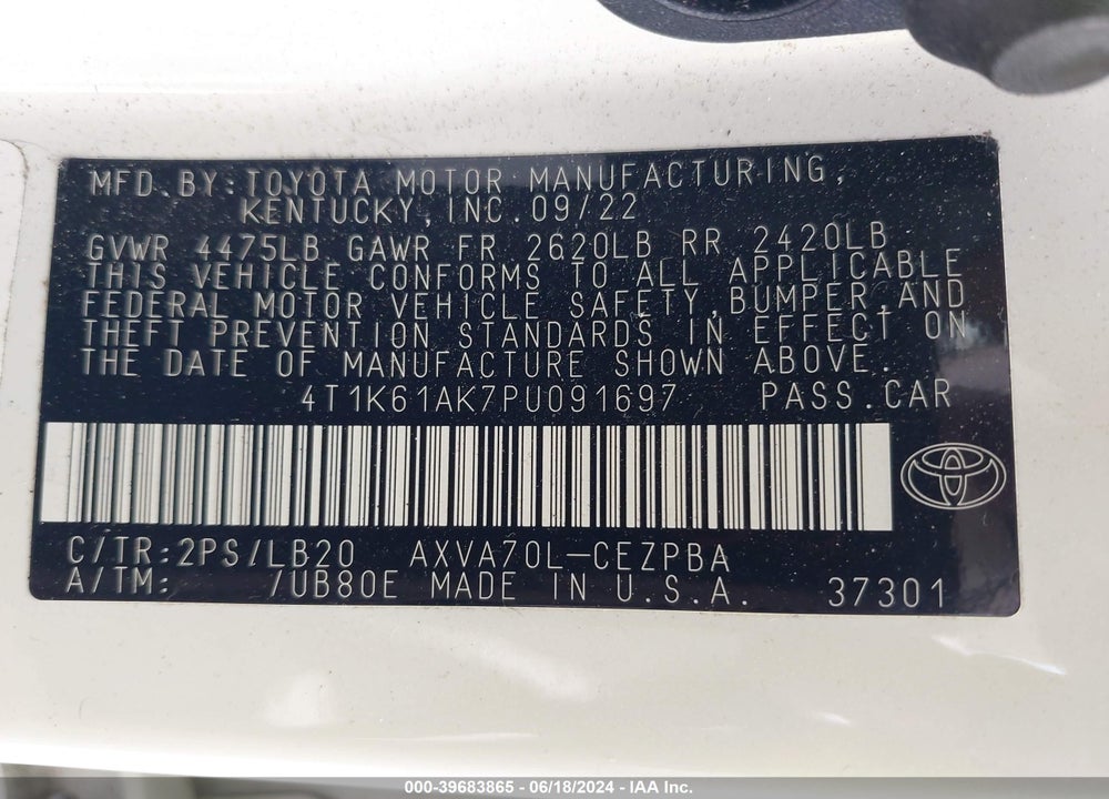 2023 TOYOTA CAMRY XSE VIN: 4T1K61AK7PU091697