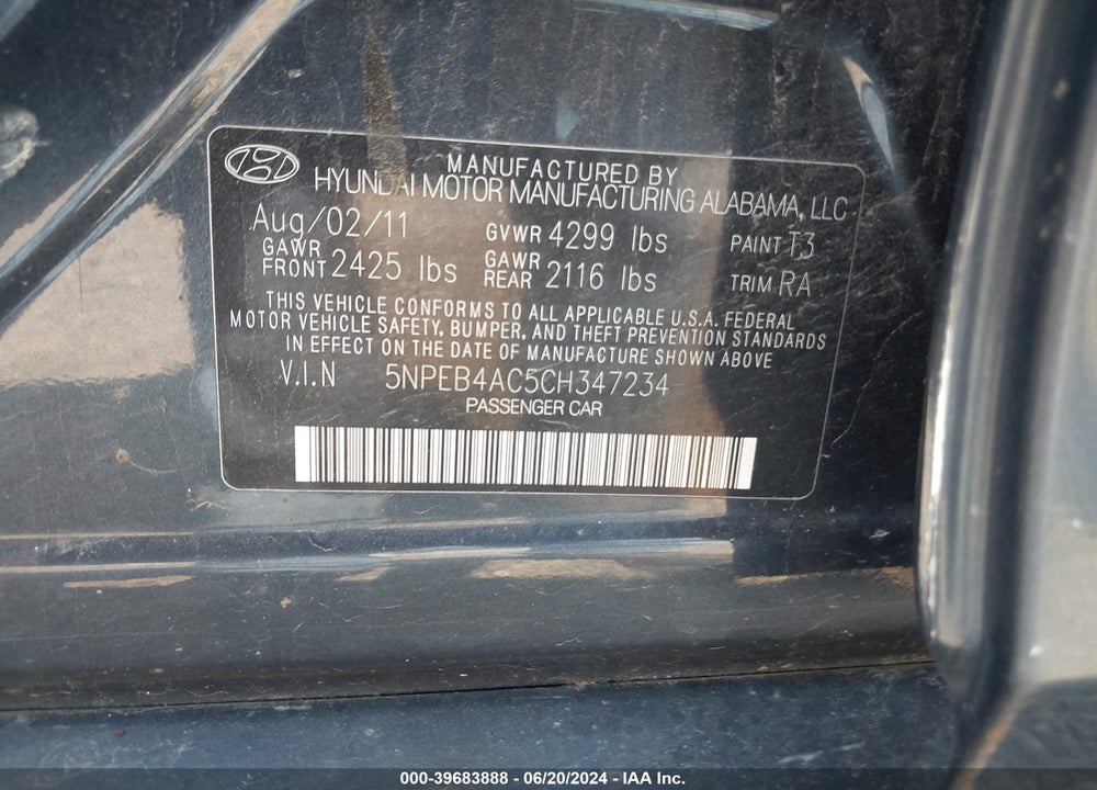 2012 HYUNDAI SONATA GLS VIN: 5NPEB4AC5CH347234