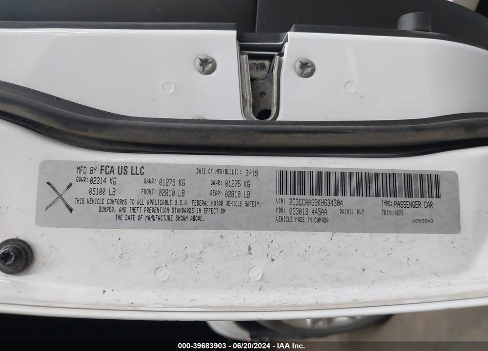 2019 CHRYSLER 300 TOURING L VIN: 2C3CCAAG9KH634304