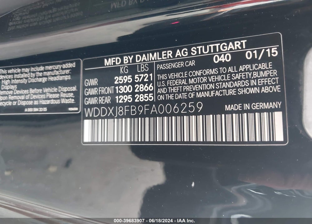 2015 MERCEDES-BENZ S 550 4MATIC VIN: WDDXJ8FB9FA006259