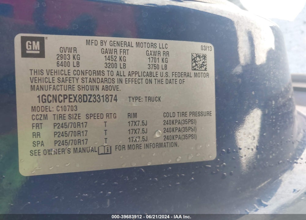 2013 CHEVROLET SILVERADO 1500 WORK TRUCK VIN: 1GCNCPEX8DZ331874