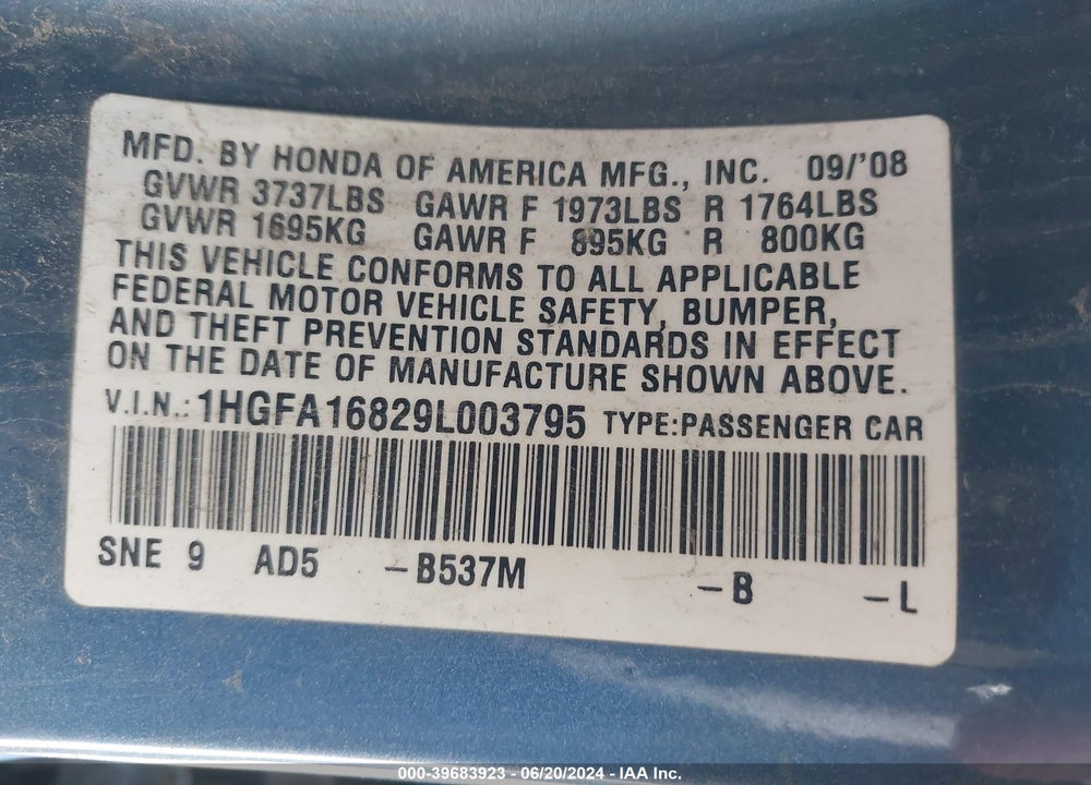 2009 HONDA CIVIC EX VIN: 1HGFA16829L003795