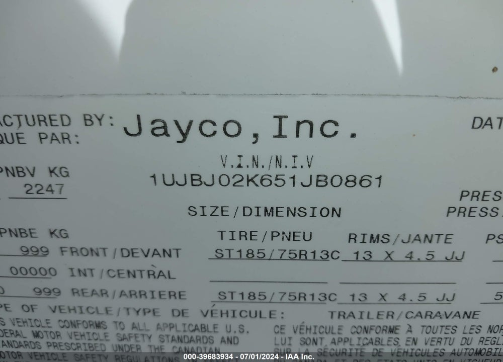 2005 JAYCO JAY FEATHER TRAVEL TRAILER VIN: 1UJBJ02K651JB0861