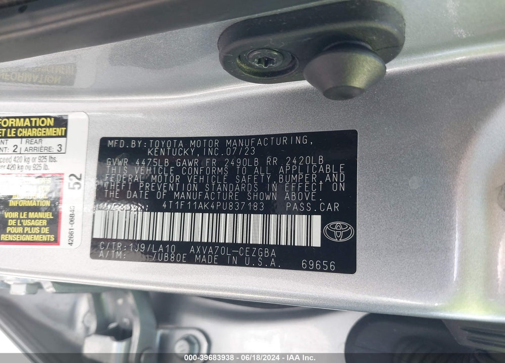 2023 TOYOTA CAMRY XLE VIN: 4T1F11AK4PU837183