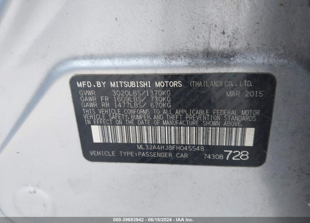 2015 MITSUBISHI MIRAGE ES VIN: ML32A4HJ8FH045548