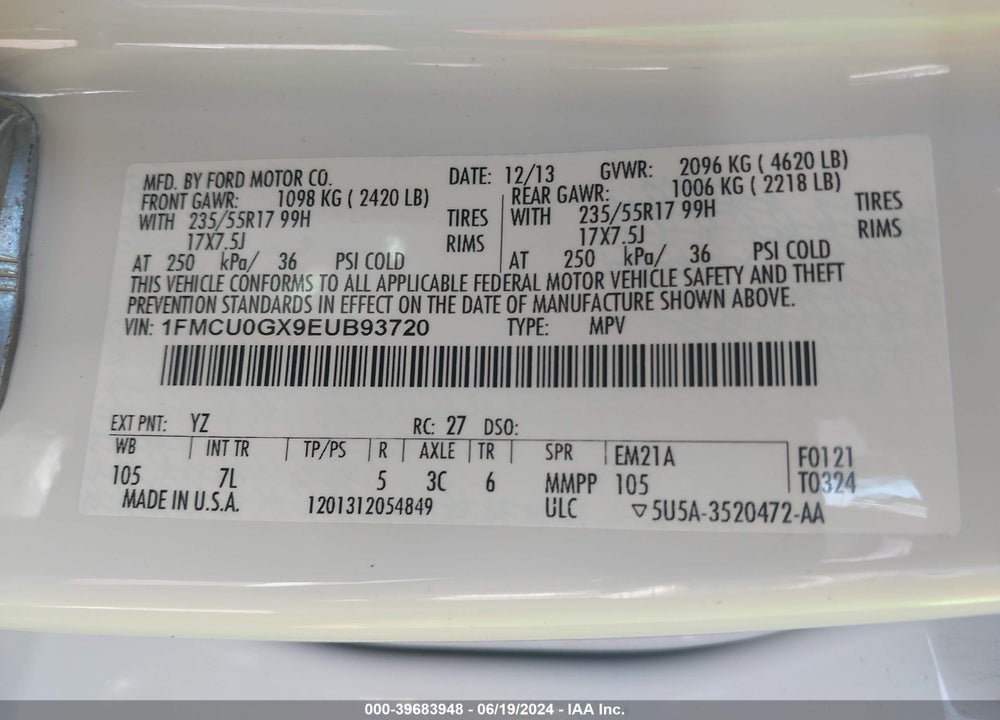 2014 FORD ESCAPE SE VIN: 1FMCU0GX9EUB93720
