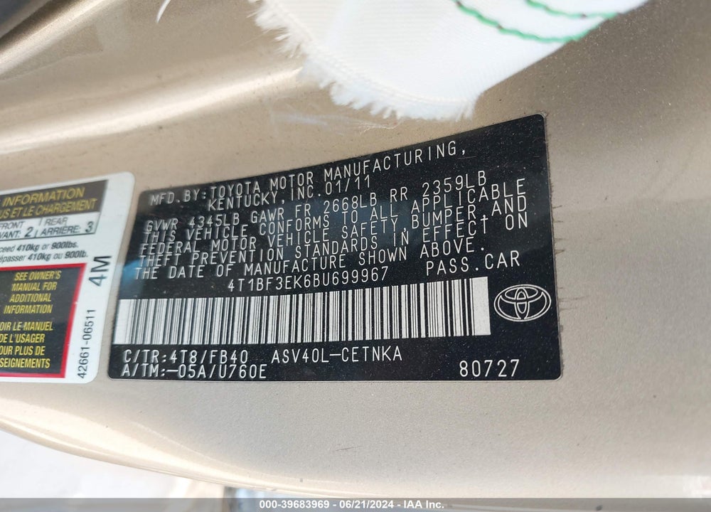 2011 TOYOTA CAMRY LE VIN: 4T1BF3EK6BU699967