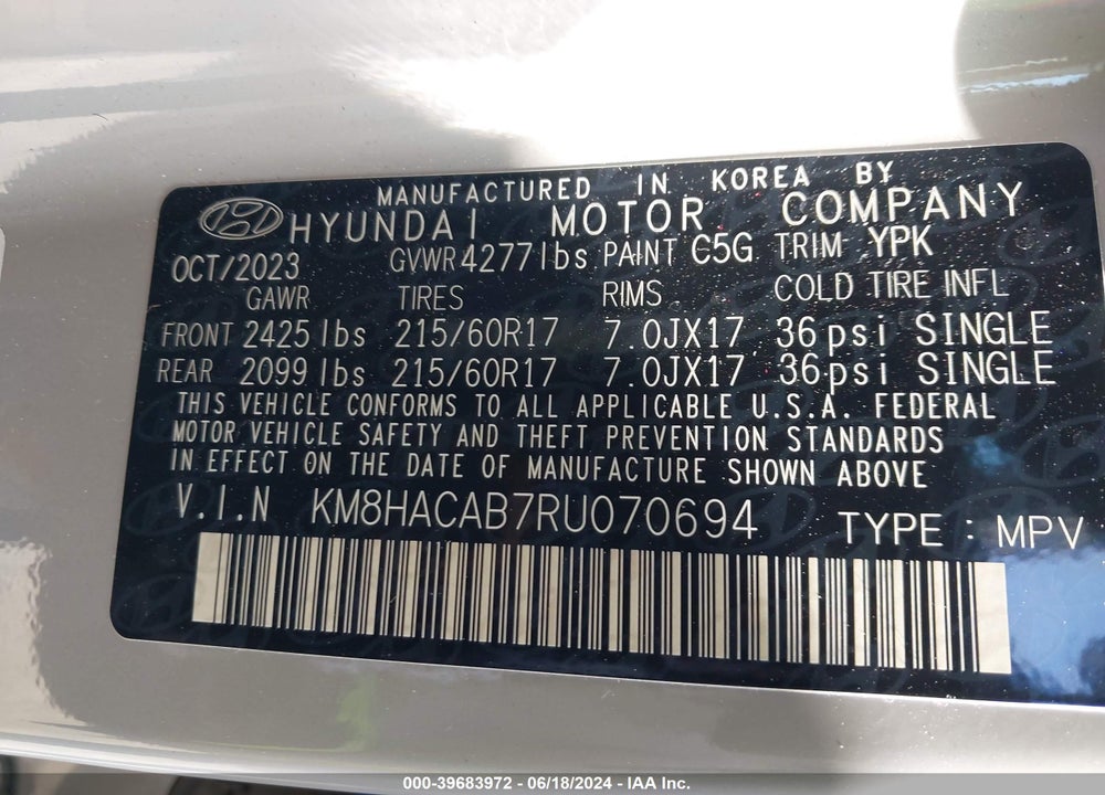 2024 HYUNDAI KONA SE VIN: KM8HACAB7RU070694