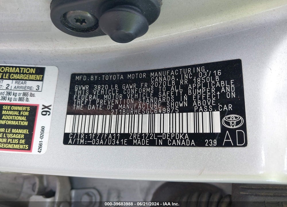 2016 TOYOTA COROLLA L VIN: 2T1BURHE5GC649875