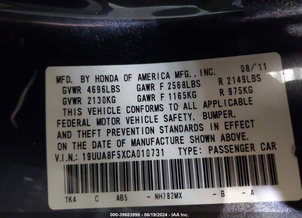 2012 ACURA TL 3.5 VIN: 19UUA8F5XCA010731