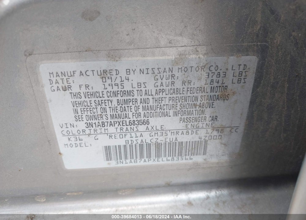 2014 NISSAN SENTRA S VIN: 3N1AB7APXEL683566